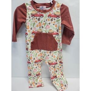 Pete + Lucy Kids Harvest Red Truck Pumpkin‎ Fall Romper Rust 6-9M